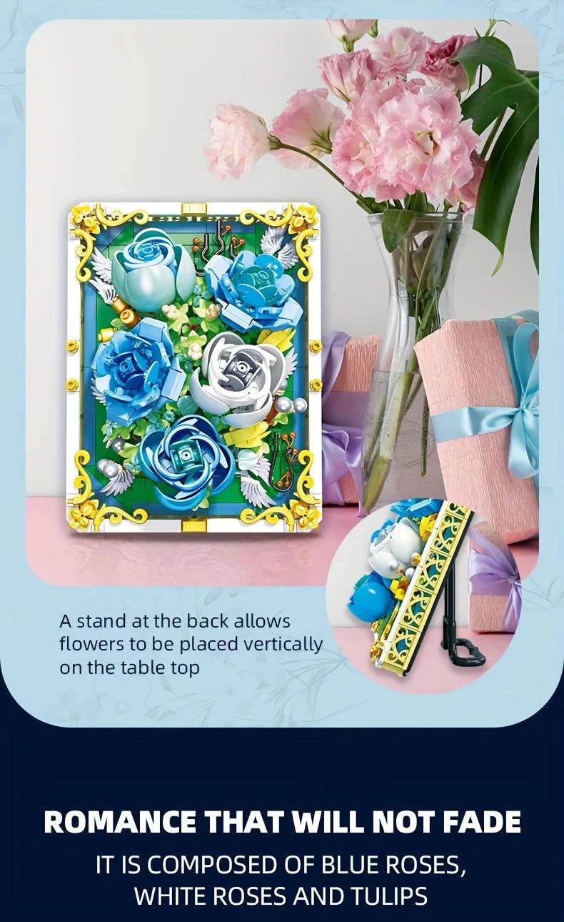 651PCS Preserved Flower Photo Frame Building Blocks Blue White Rose 3D Puzzle Toy - ToylandEU