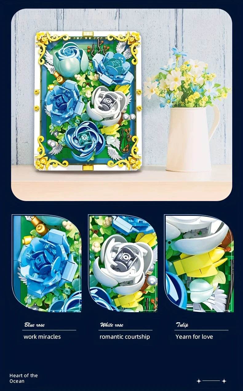 651PCS Preserved Flower Photo Frame Building Blocks Blue White Rose 3D Puzzle Toy - ToylandEU