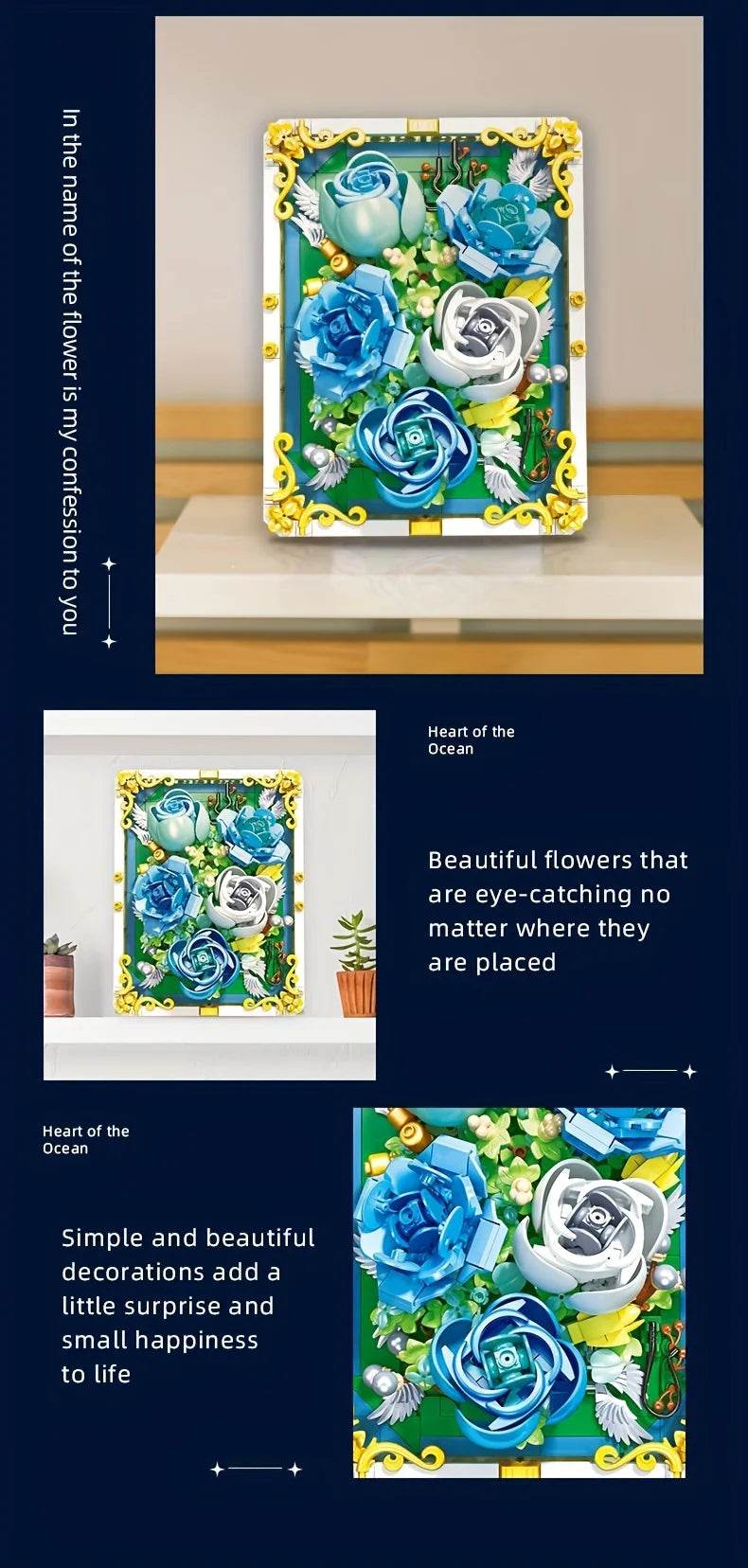 651PCS Preserved Flower Photo Frame Building Blocks Blue White Rose 3D Puzzle Toy - ToylandEU