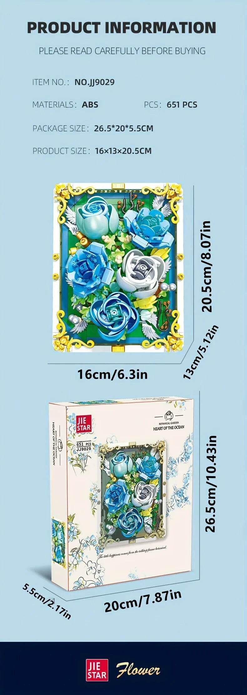 651PCS Preserved Flower Photo Frame Building Blocks Blue White Rose 3D Puzzle Toy - ToylandEU