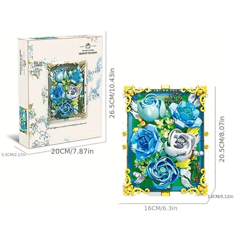 651PCS Preserved Flower Photo Frame Building Blocks Blue White Rose 3D Puzzle Toy - ToylandEU