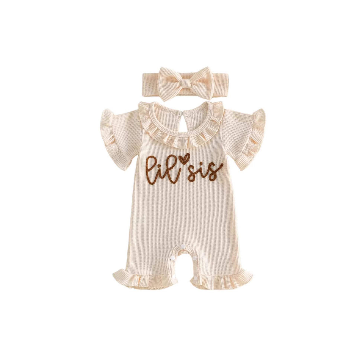 Baby Lace-Trim Short-Sleeve Romper With Headband | Khaki And Pink