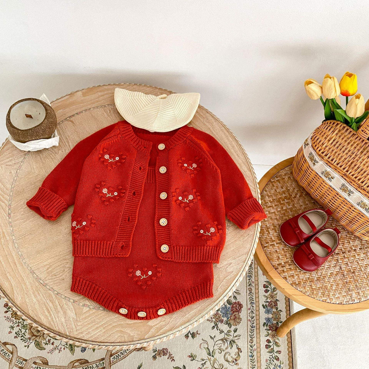 Baby Girl Red Heart Embroidered Coat And Jumpsuit | Cotton | Two-Piece Set