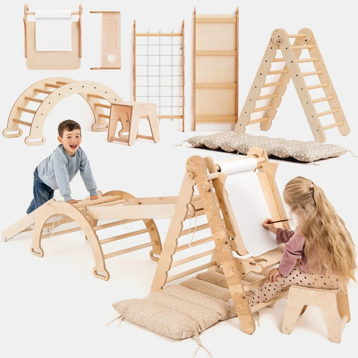 6in1 Montessori Climbing Set: Triangle Ladder + Arch/Rocker + Slide/Ramp + Net + Cushion + Art Addition - ToylandEU