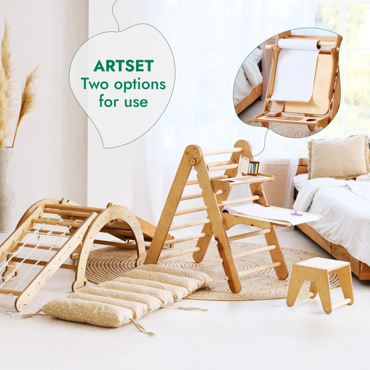 6in1 Montessori Climbing Set: Triangle Ladder + Arch/Rocker + Slide/Ramp + Net + Cushion + Art Addition - ToylandEU