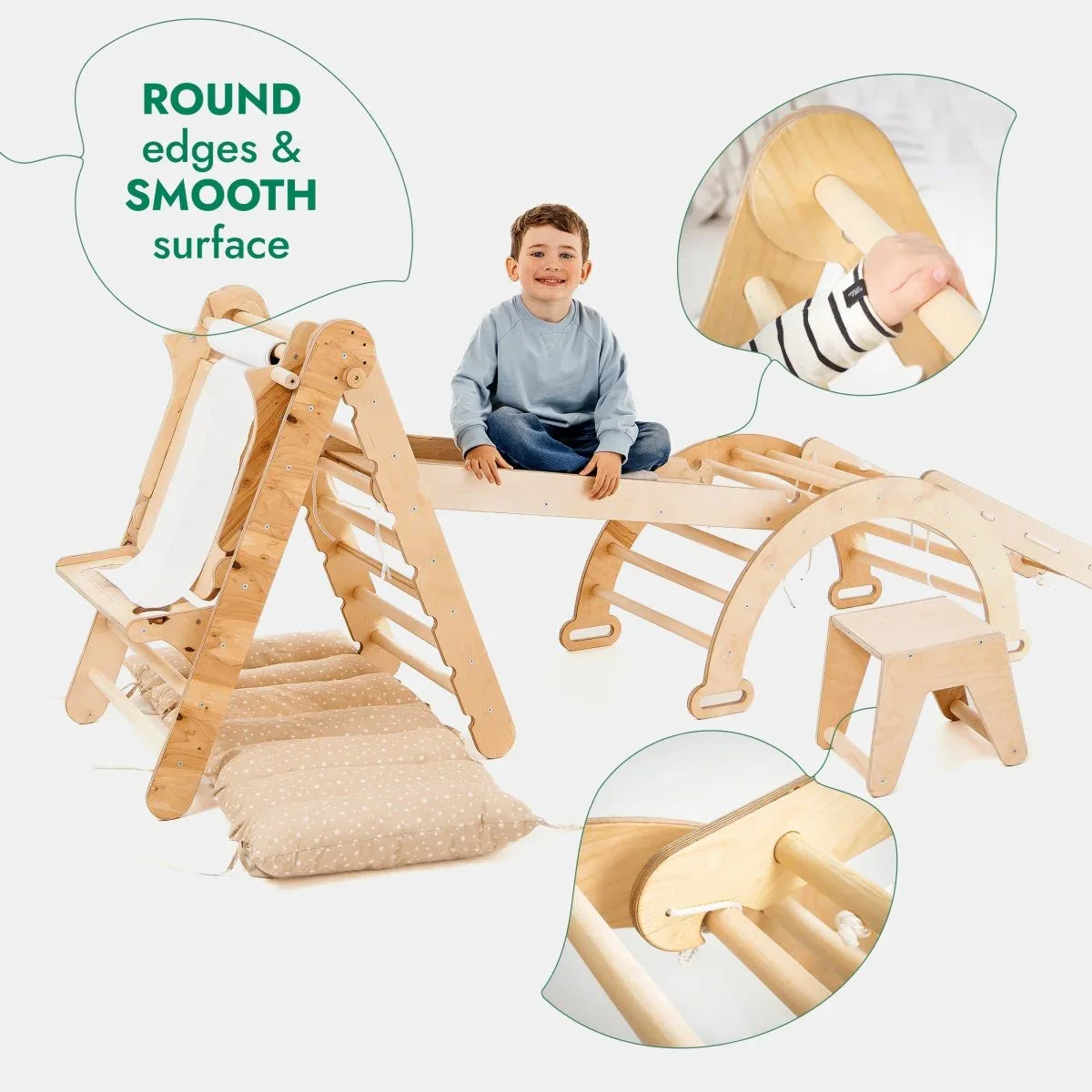6in1 Montessori Climbing Set: Triangle Ladder + Arch/Rocker + Slide/Ramp + Net + Cushion + Art Addition - ToylandEU