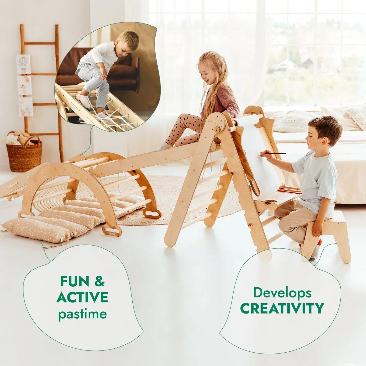 6in1 Montessori Climbing Set: Triangle Ladder + Arch/Rocker + Slide/Ramp + Net + Cushion + Art Addition - ToylandEU