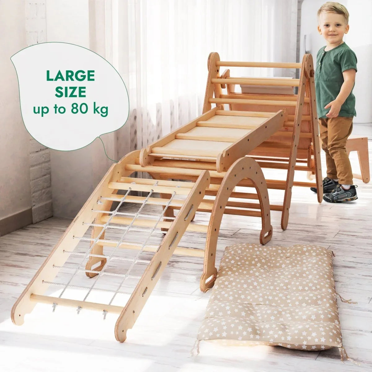 6in1 Montessori Climbing Set: Triangle Ladder + Arch/Rocker + Slide/Ramp + Net + Cushion + Art Addition - ToylandEU