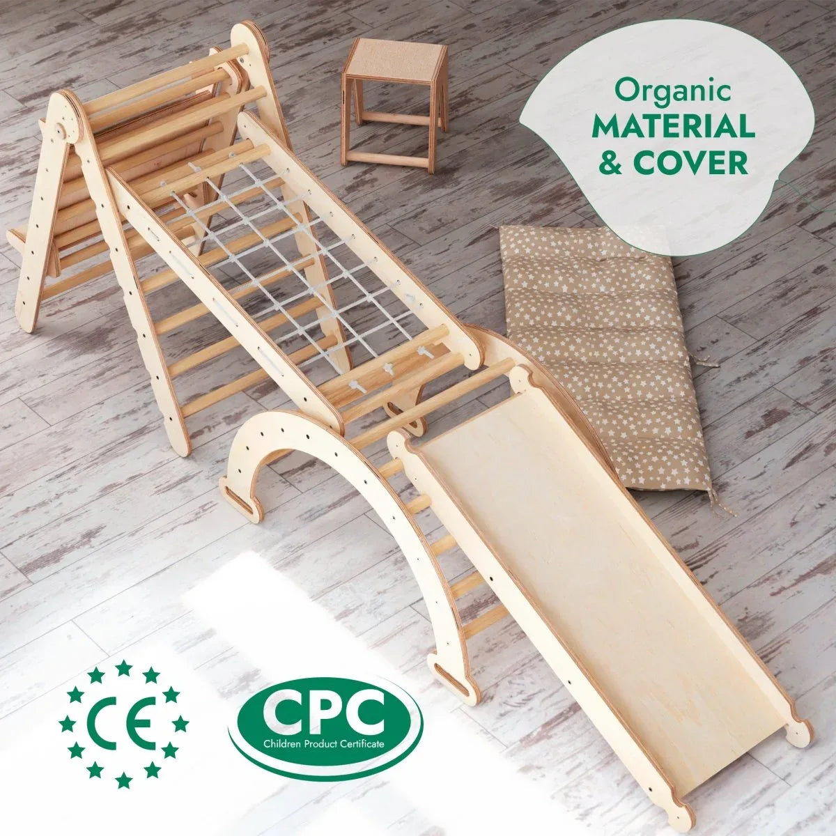 6in1 Montessori Climbing Set: Triangle Ladder + Arch/Rocker + Slide/Ramp + Net + Cushion + Art Addition - ToylandEU