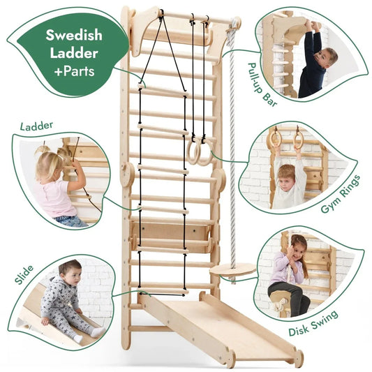 6in1 Wooden Swedish Wall / Climbing ladder for Children + Swing Set + Slide Board - ToylandEU