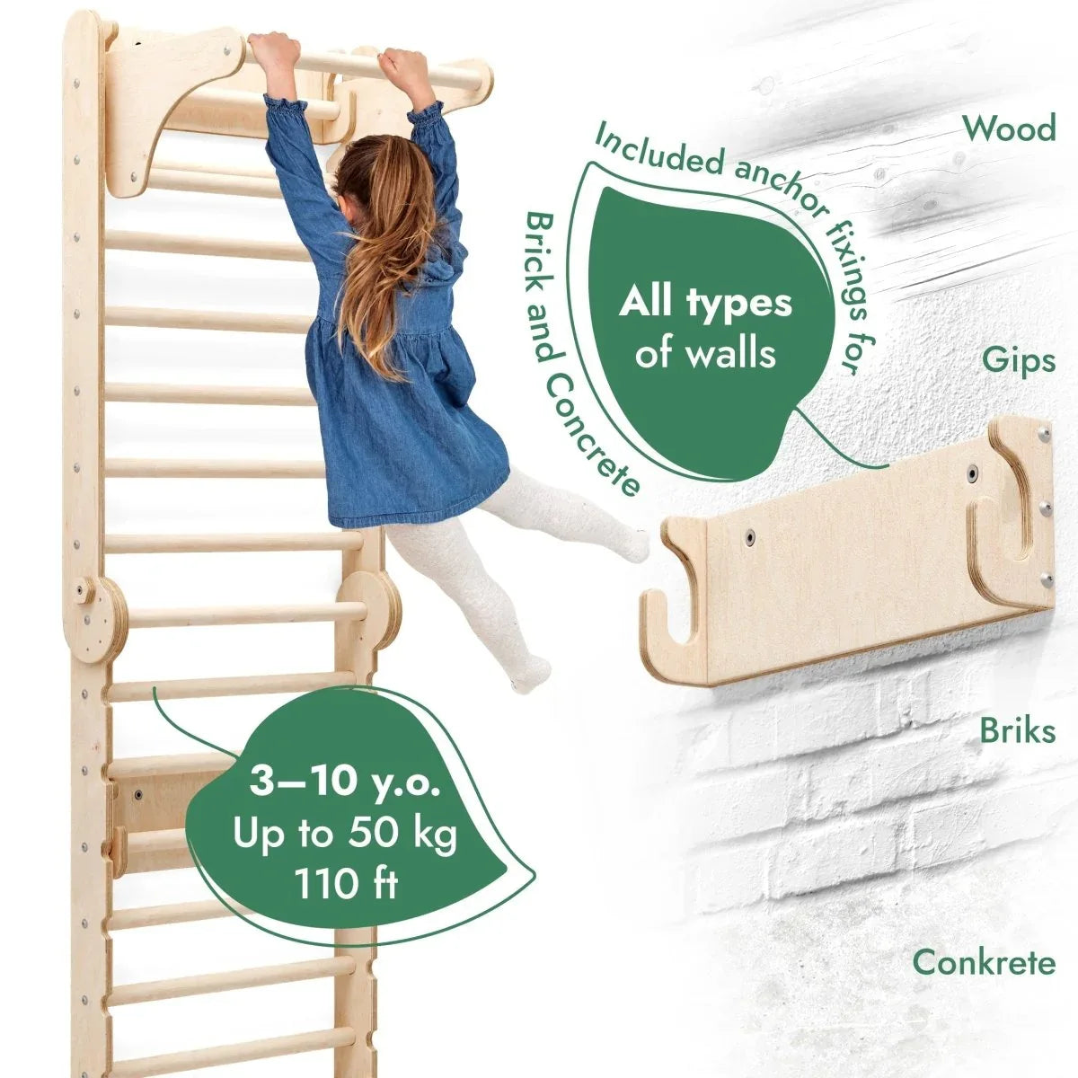 6in1 Wooden Swedish Wall / Climbing ladder for Children + Swing Set + Slide Board - ToylandEU