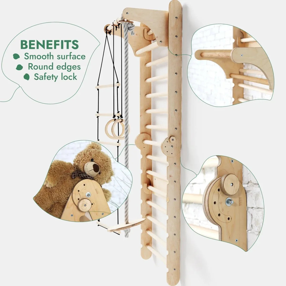 6in1 Wooden Swedish Wall / Climbing ladder for Children + Swing Set + Slide Board - ToylandEU
