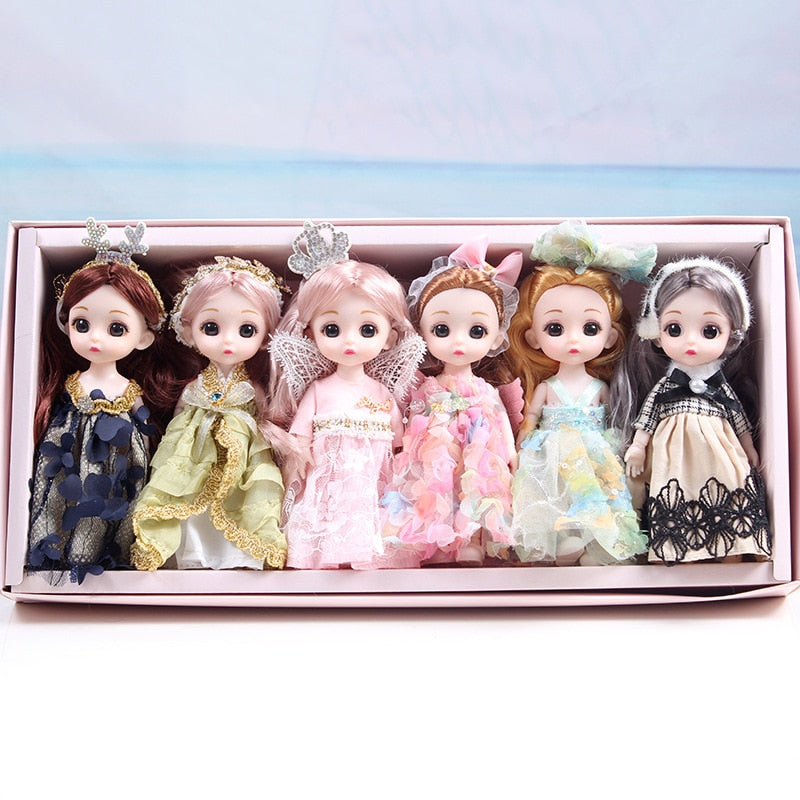 6-Piece 16cm Doll Set Gift Box with Movable Joints and 3D Eyes