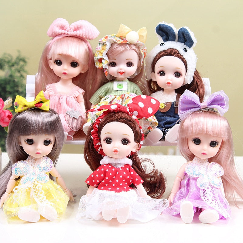 6-Piece 16cm Doll Set Gift Box with Movable Joints and 3D Eyes