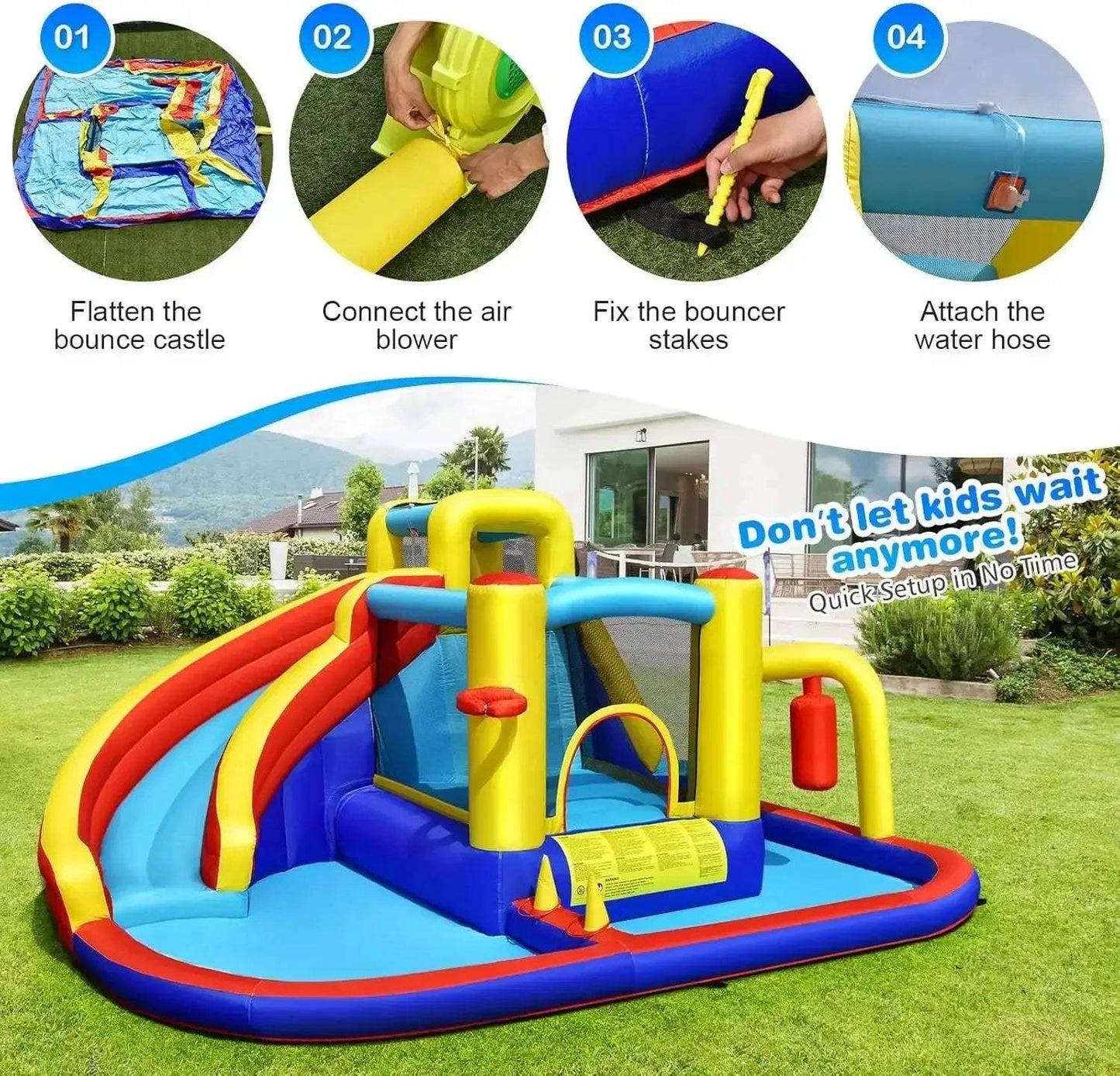 7-In-1 Inflatable Water Slide With Splash Pool And Bounce House - ToylandEU