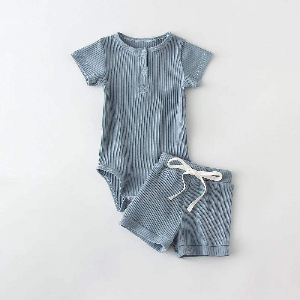 Boys' Summer Round-Neck Romper Suit | Two-Piece | Striped And Solid