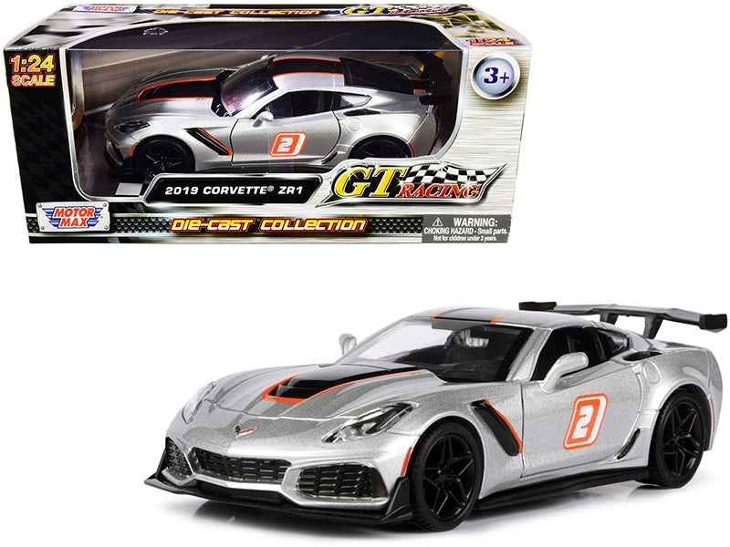 2019 Chevrolet Corvette ZR1 #2 Silver with Black and Orange Stripes | 1/24 Diecast Model Car | Motormax | GT Racing Series