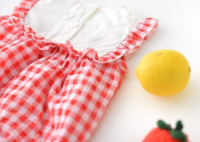 Baby Girl Plaid Lace-Sleeve Triangle Romper | Sleeveless
