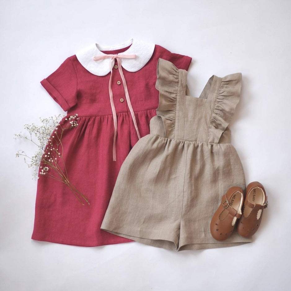 Infant Cotton And Linen One-Piece Strap Shorts Romper | Green, Apricot, Brown And Khaki