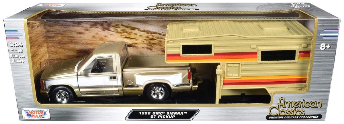 1992 GMC Sierra GT Pickup Truck Gold Metallic with White Sides with Camper Shell | 1/24 Diecast Model Truck | Motormax | American Classics Series