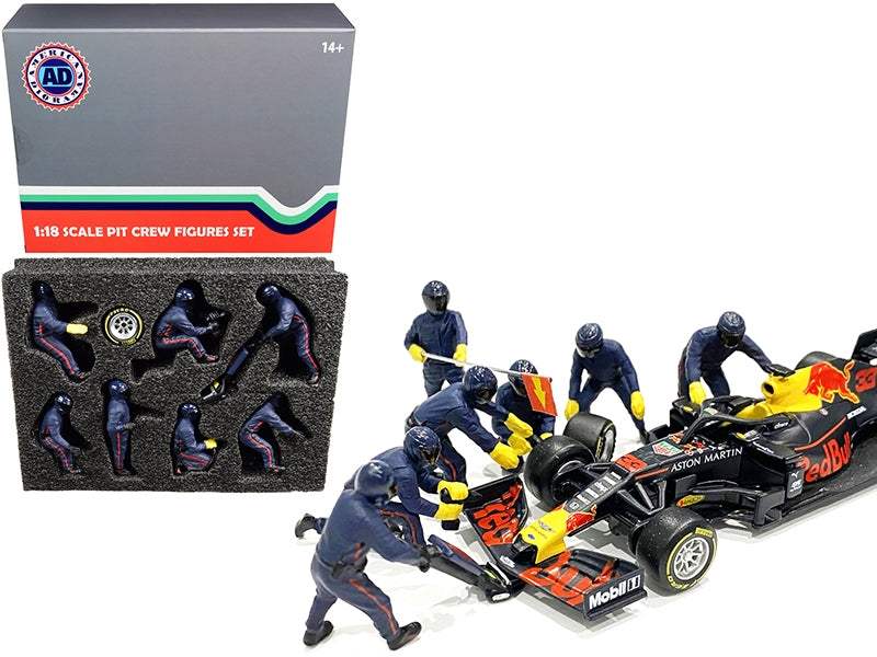 Formula One F1 Pit Crew 7 Figurine Set Team Blue | 1/18 Diecast Model Car | American Diorama | Collector Quality