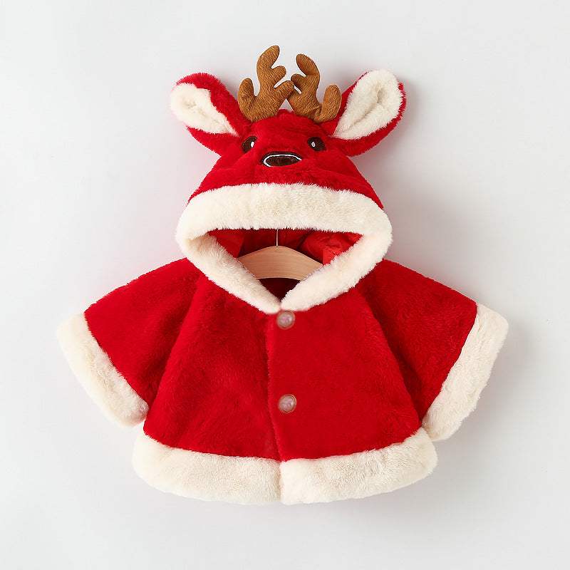 Kids' Thick Hooded Cape Coat With Small Antlers | White