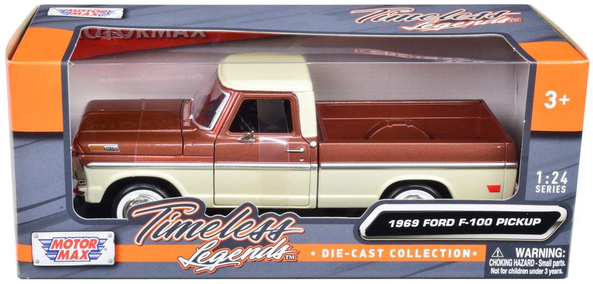 1969 Ford F-100 Pickup Truck Brown Metallic and Cream | 1/24 Diecast Model Truck | Motormax | Timeless Legends Series