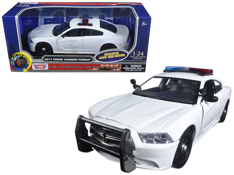 2011 Dodge Charger Pursuit Police Car White with Flashing Light Bar, Front and Rear Lights and 2 Sounds | 1/24 Diecast Model Car | Motormax