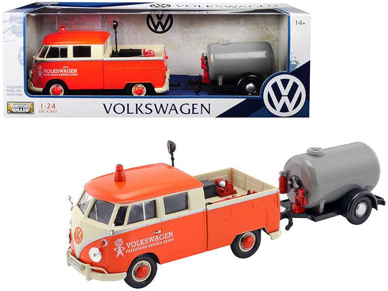 Volkswagen Type 2 (T1) Pickup Truck Orange and Cream with Oil Trailer | 1/24 Diecast Model Truck | Motormax | Road Service Series