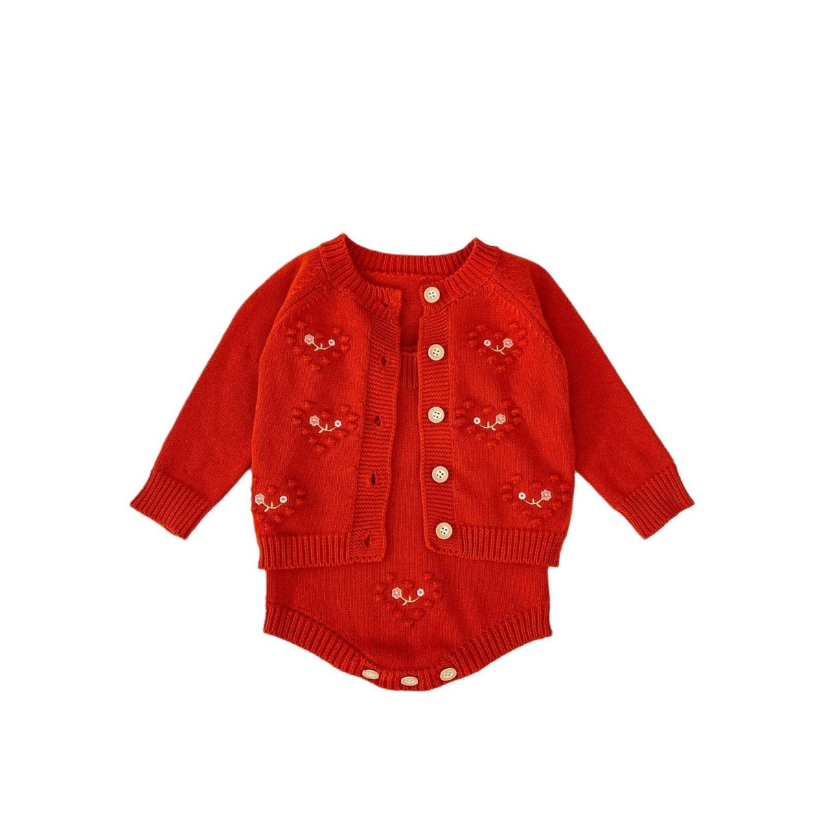 Baby Girl Red Heart Embroidered Coat And Jumpsuit | Cotton | Two-Piece Set