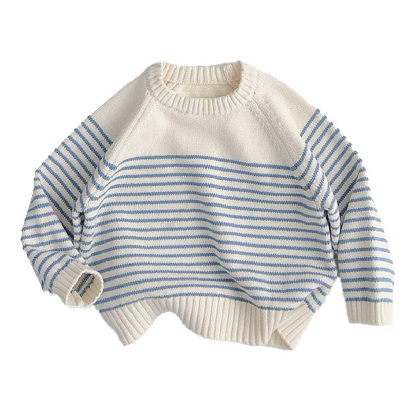 Kids' Korean-Style Loose Striped Knitted Sweater Coat | Navy Blue