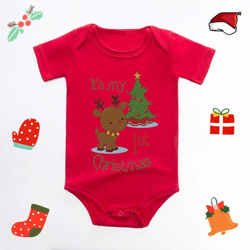 Baby Christmas Deer Red Triangle Romper | English Letter Print