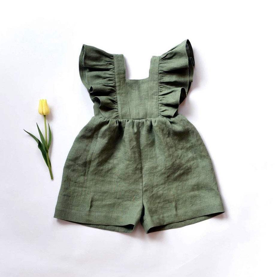Infant Cotton And Linen One-Piece Strap Shorts Romper | Green, Apricot, Brown And Khaki