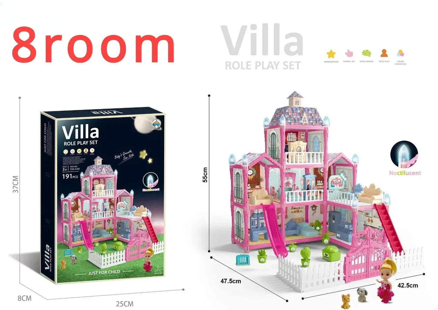 8 Room Dollhouse With LED Lights And Furnishings For Kids - ToylandEU