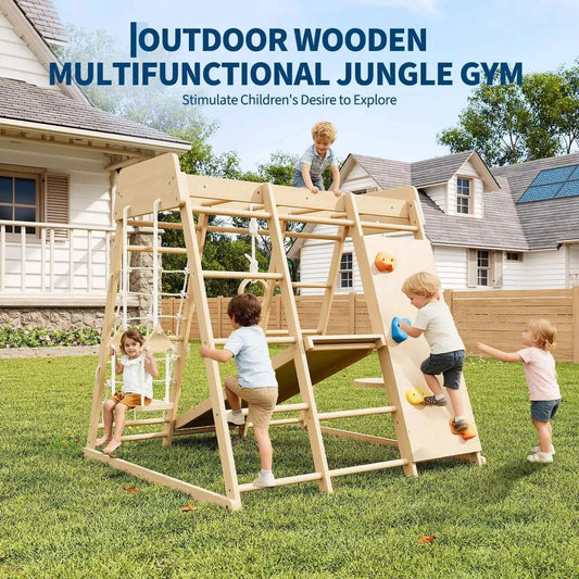 8-in-1 Wooden Indoor Jungle Gym Kids Playground Climbing Playset Toddler Activity Center With Slide Swing Monkey Bars - ToylandEU