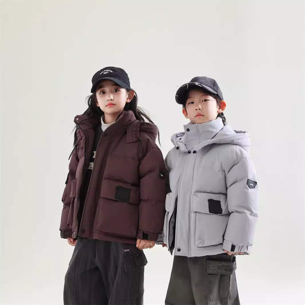 Boys' Winter White Duck Down Warm Coat | Wine Red And Light Gray
