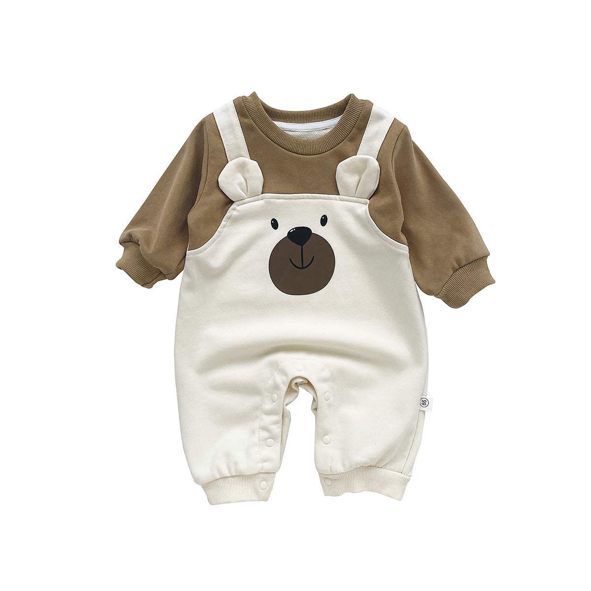 Baby Little Bear Fake Two-Piece Long-Sleeve Onesie | Apricot And Coffee Brown