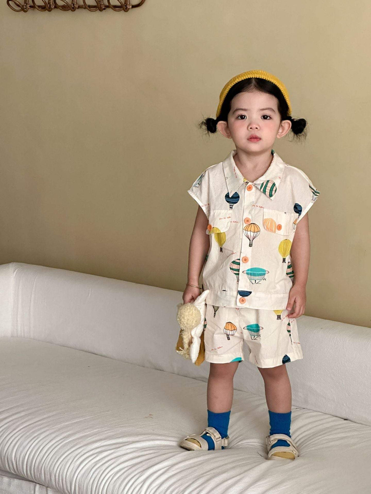 Kids' Thin Summer Shirt Set | Cartoon Car And Hot Air Balloon