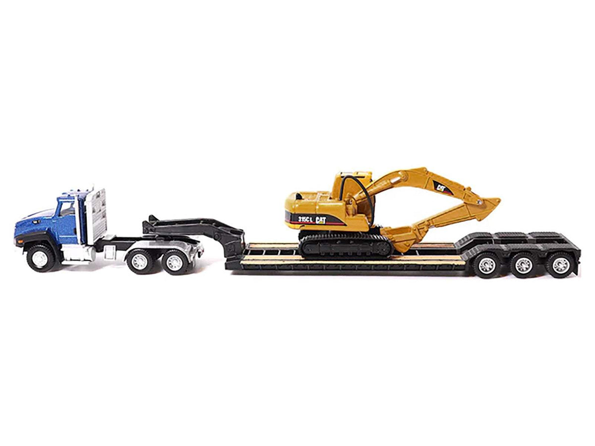 CAT Caterpillar CT660 Day Cab Tractor Blue Metallic with Lowboy Trailer and CAT 315C L Hydraulic Excavator Yellow | 1/87 Diecast Model Tractor