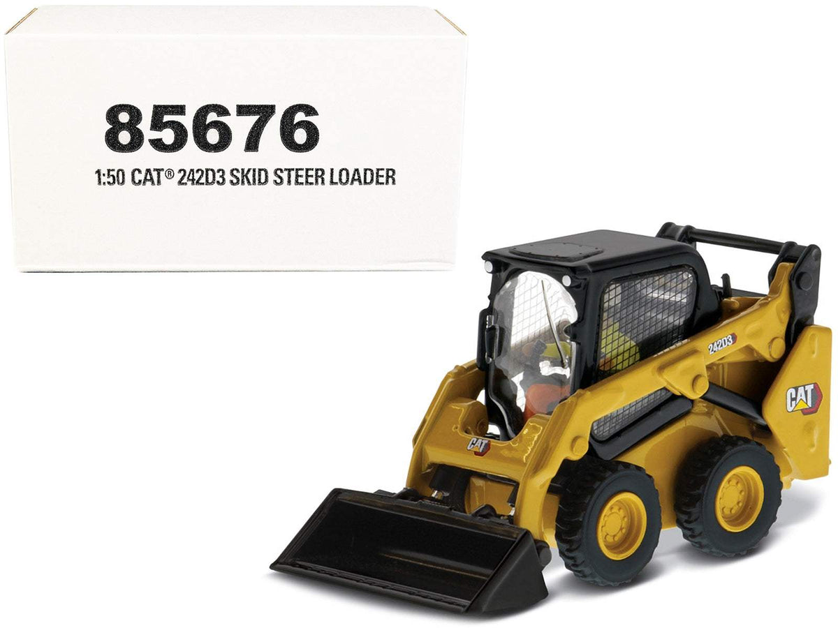 CAT Caterpillar 242D3 Wheeled Skid Steer Loader with Work Tools and Operator Yellow | 1/50 Diecast Construction Model | Diecast Masters | High Line