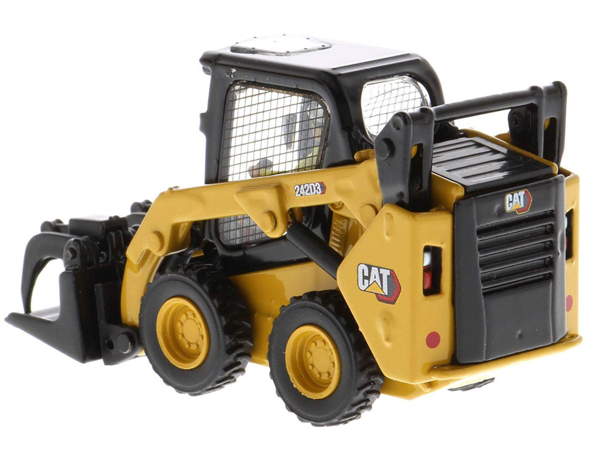 CAT Caterpillar 242D3 Wheeled Skid Steer Loader with Work Tools and Operator Yellow | 1/50 Diecast Construction Model | Diecast Masters | High Line