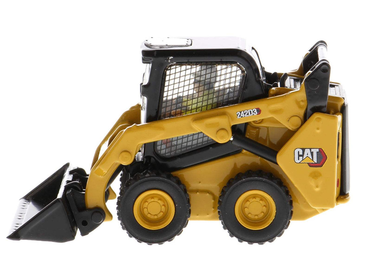 CAT Caterpillar 242D3 Wheeled Skid Steer Loader with Work Tools and Operator Yellow | 1/50 Diecast Construction Model | Diecast Masters | High Line