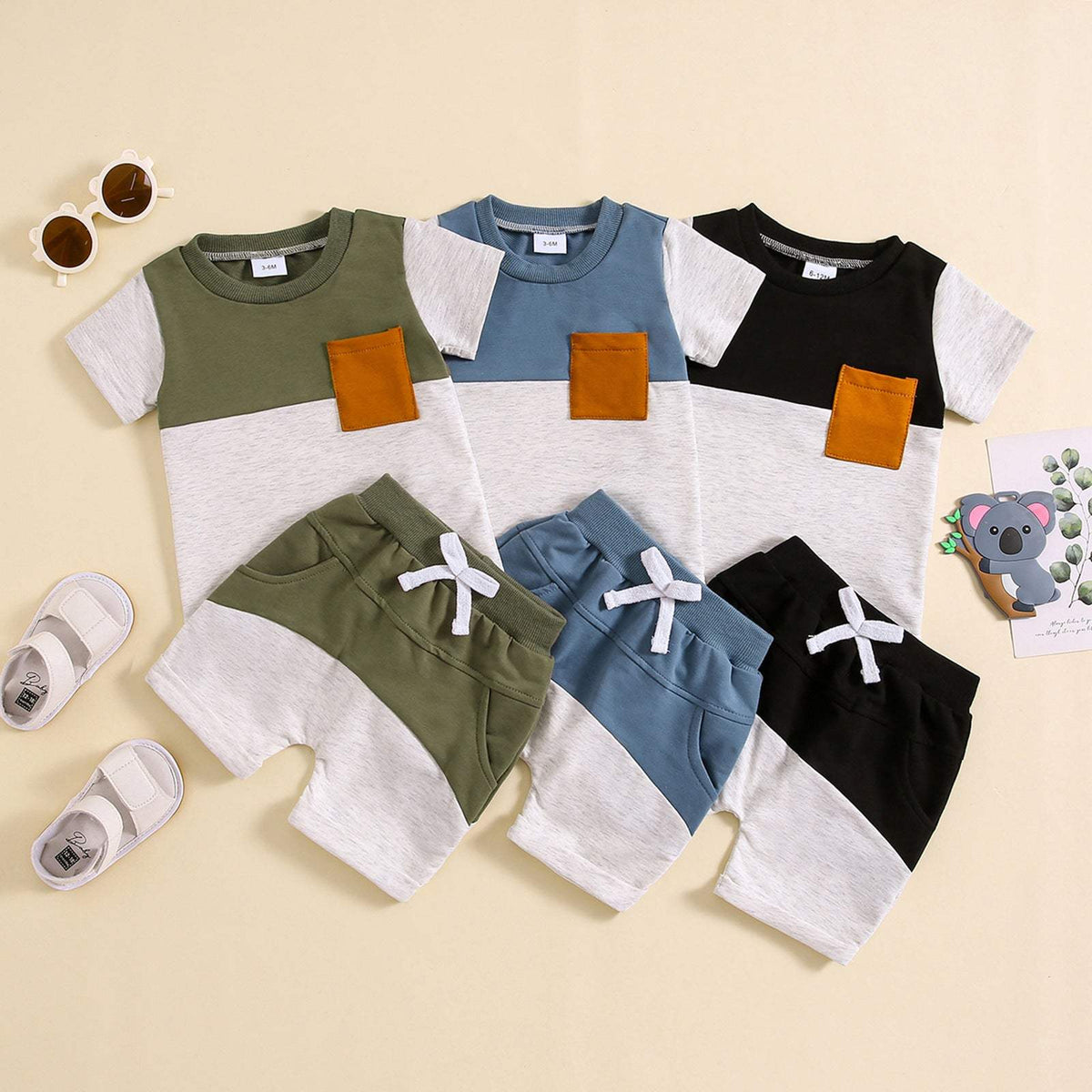Boys' Color-Block Crew-Neck Short-Sleeve Suit | Army Green, Blue, Black
