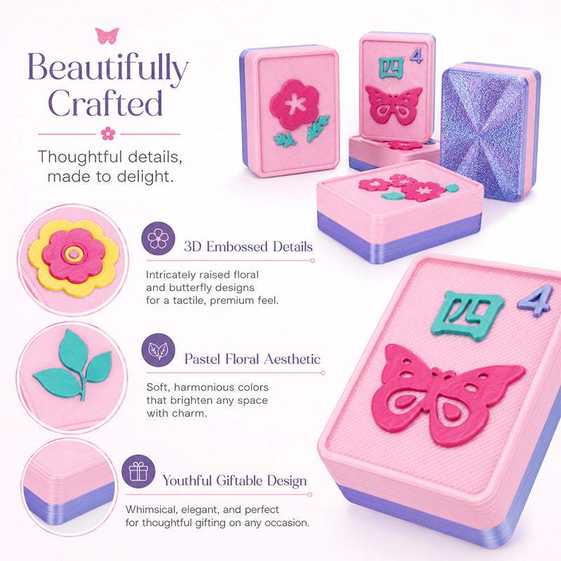 160-Tile American Mahjong Set | Pink Floral Butterfly | Raised 3D Details