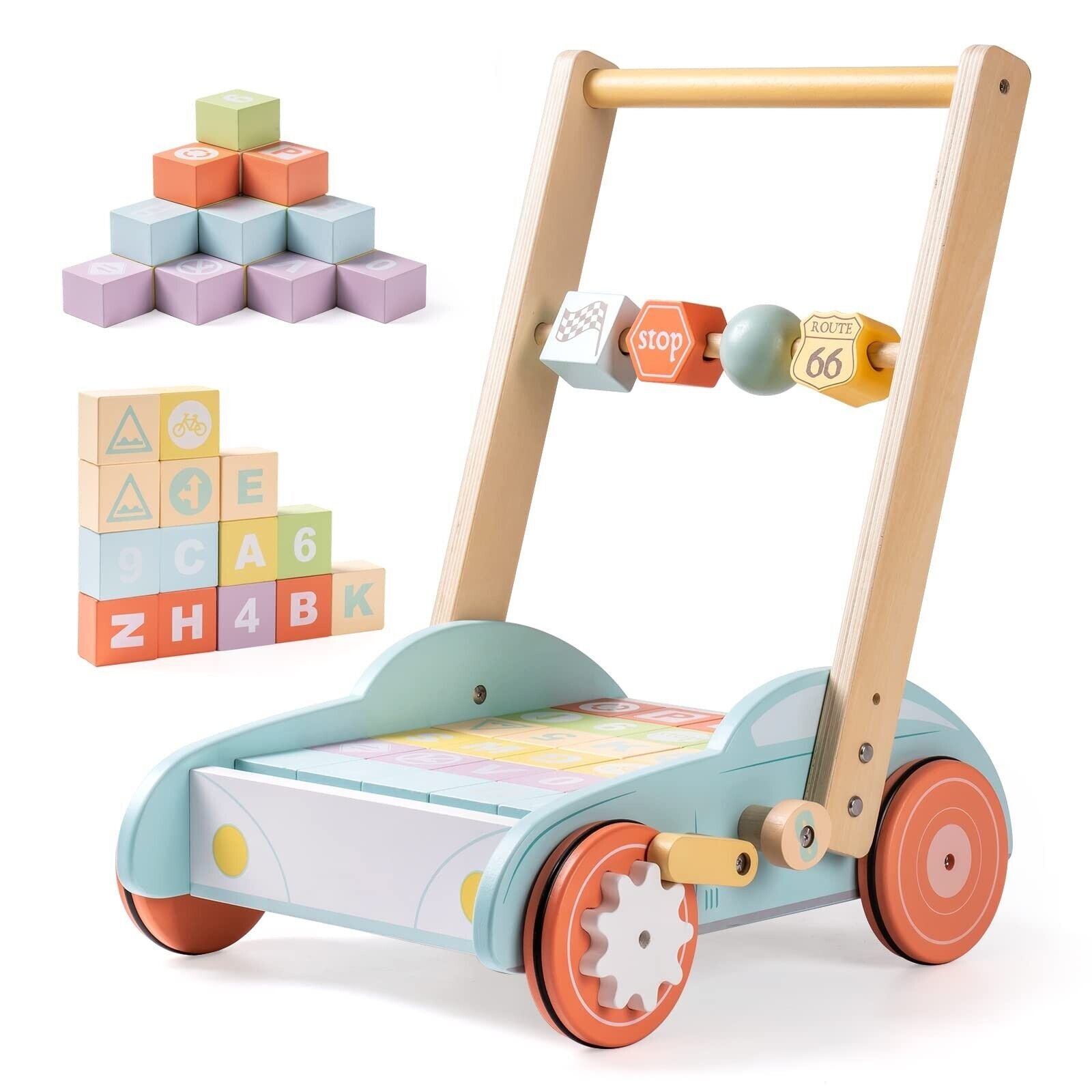 ROBUD Multifunction Wooden Baby Walker Push Toy with ABC 123 Traffic Sign Blocks - ToylandEU