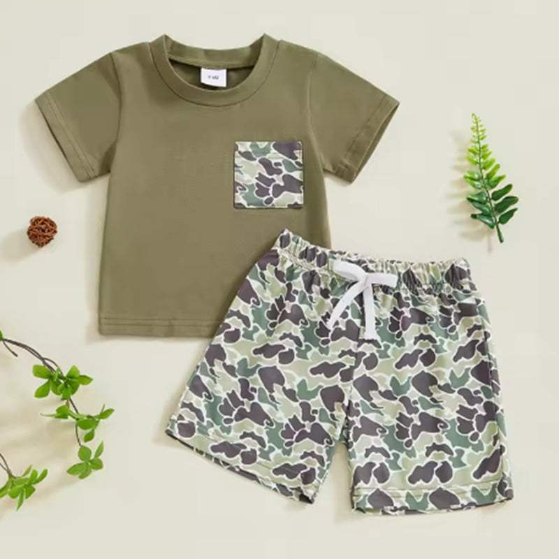 Boys' Camouflage Print Faux Pocket Short-Sleeve Top Suit | Green
