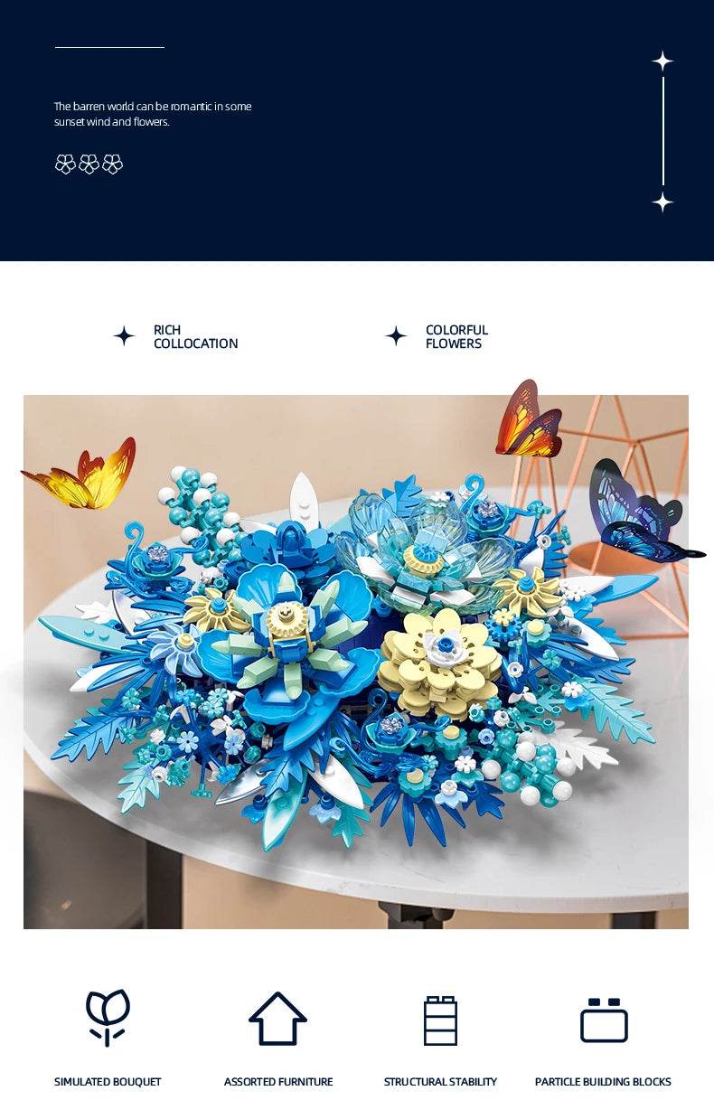 917PCS Preserved Flower Bouquet Building Blocks Fantasy Blue Flowers Assembly Model Bricks Toy Creative Home Decor Gift - ToylandEU
