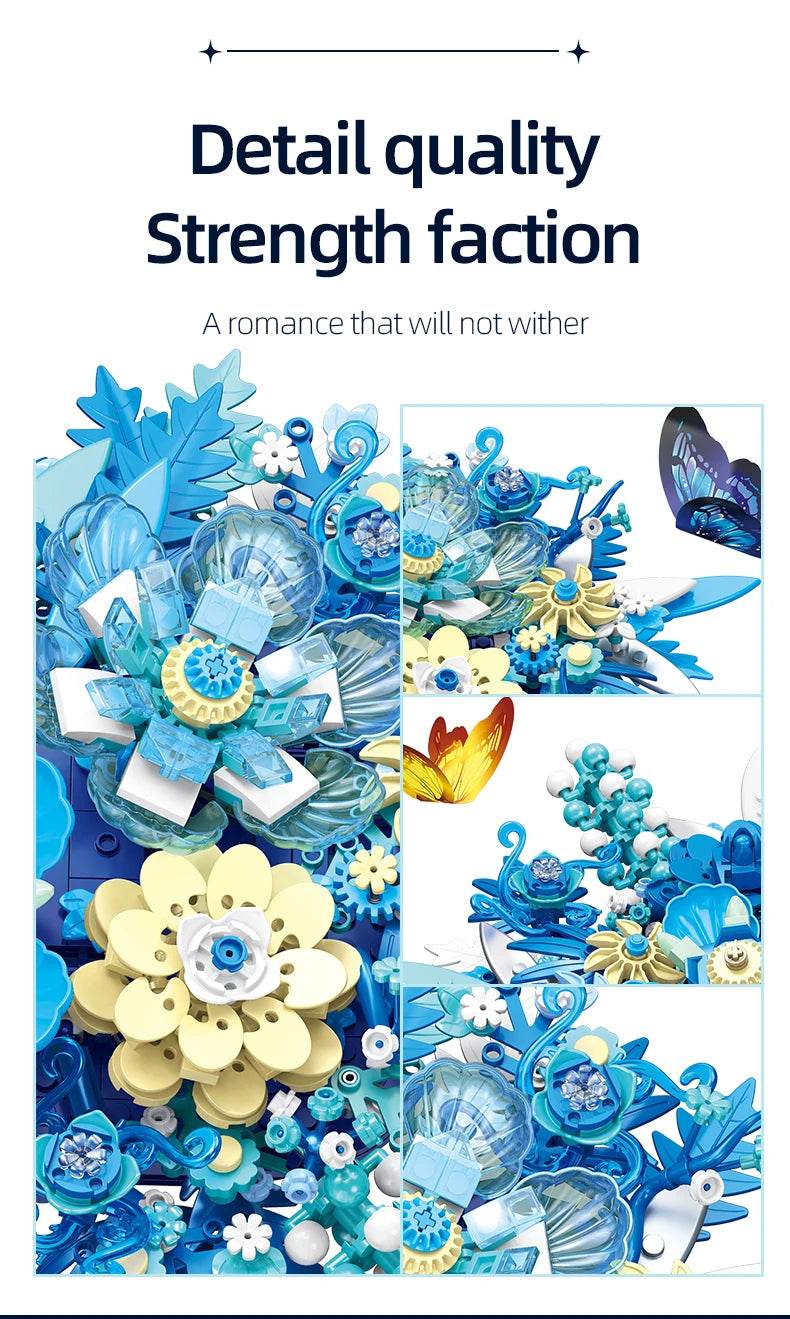917PCS Preserved Flower Bouquet Building Blocks Fantasy Blue Flowers Assembly Model Bricks Toy Creative Home Decor Gift - ToylandEU