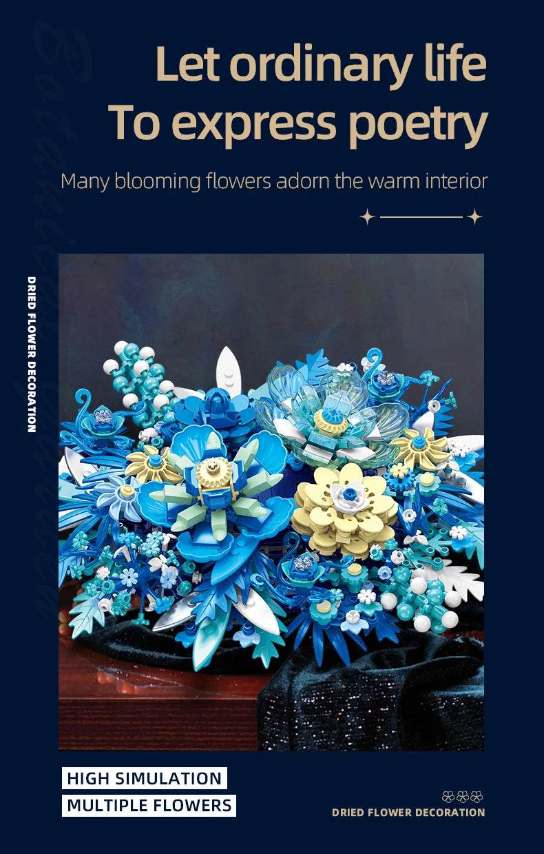 917PCS Preserved Flower Bouquet Building Blocks Fantasy Blue Flowers Assembly Model Bricks Toy Creative Home Decor Gift - ToylandEU