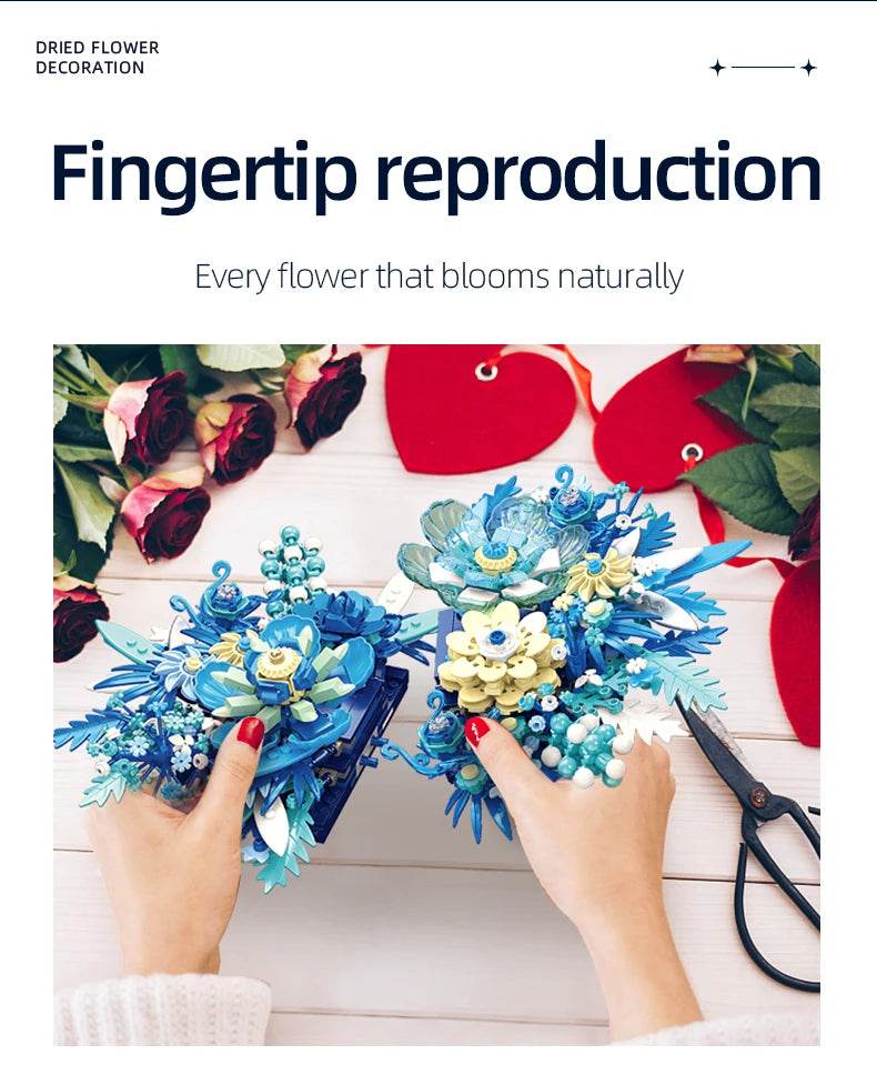 917PCS Preserved Flower Bouquet Building Blocks Fantasy Blue Flowers Assembly Model Bricks Toy Creative Home Decor Gift - ToylandEU